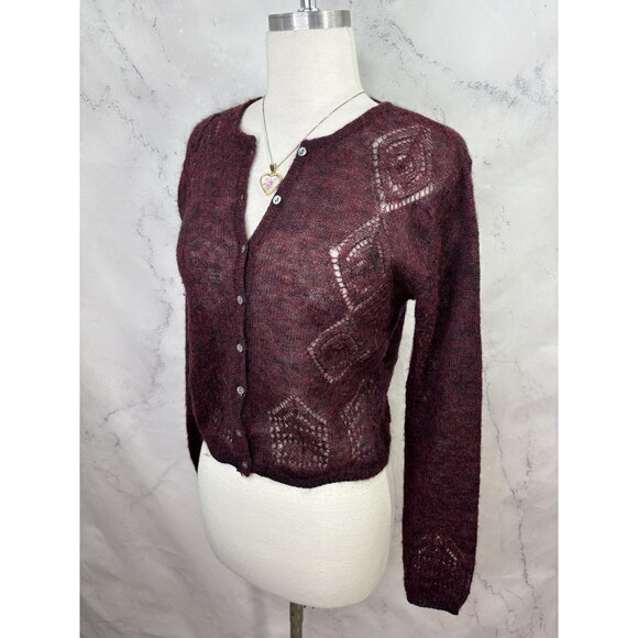 Calme Johnny Was y2k Burgundy Open Knit Cardigan Sweater Top S Wool Cottagecore - Picture 13 of 16